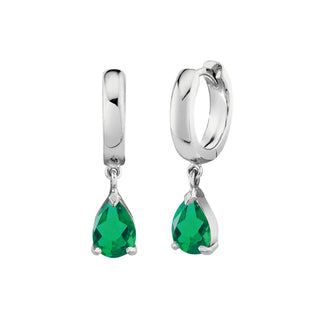 Pear Drop Emerald Huggies White Gold Pair by Logan Hollowell Jewelry