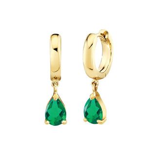 Pear Drop Emerald Huggies Yellow Gold Pair by Logan Hollowell Jewelry