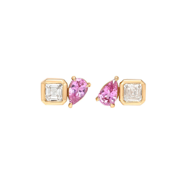 Mini Lover’s Duet Diamond & Pink Sapphire Studs Rose Gold Pair by Logan Hollowell Jewelry