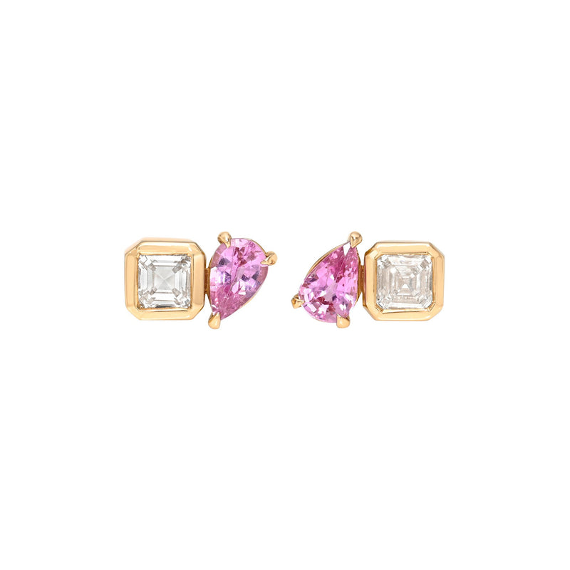 Mini Lover’s Duet Diamond & Pink Sapphire Studs Rose Gold Pair by Logan Hollowell Jewelry