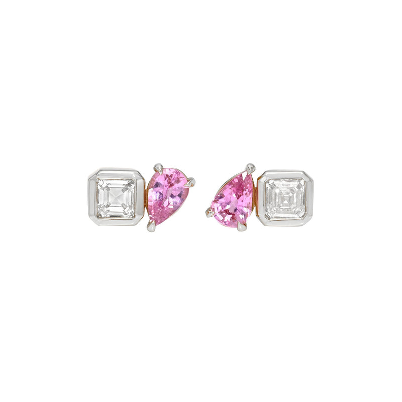 Mini Lover’s Duet Diamond & Pink Sapphire Studs White Gold Pair by Logan Hollowell Jewelry