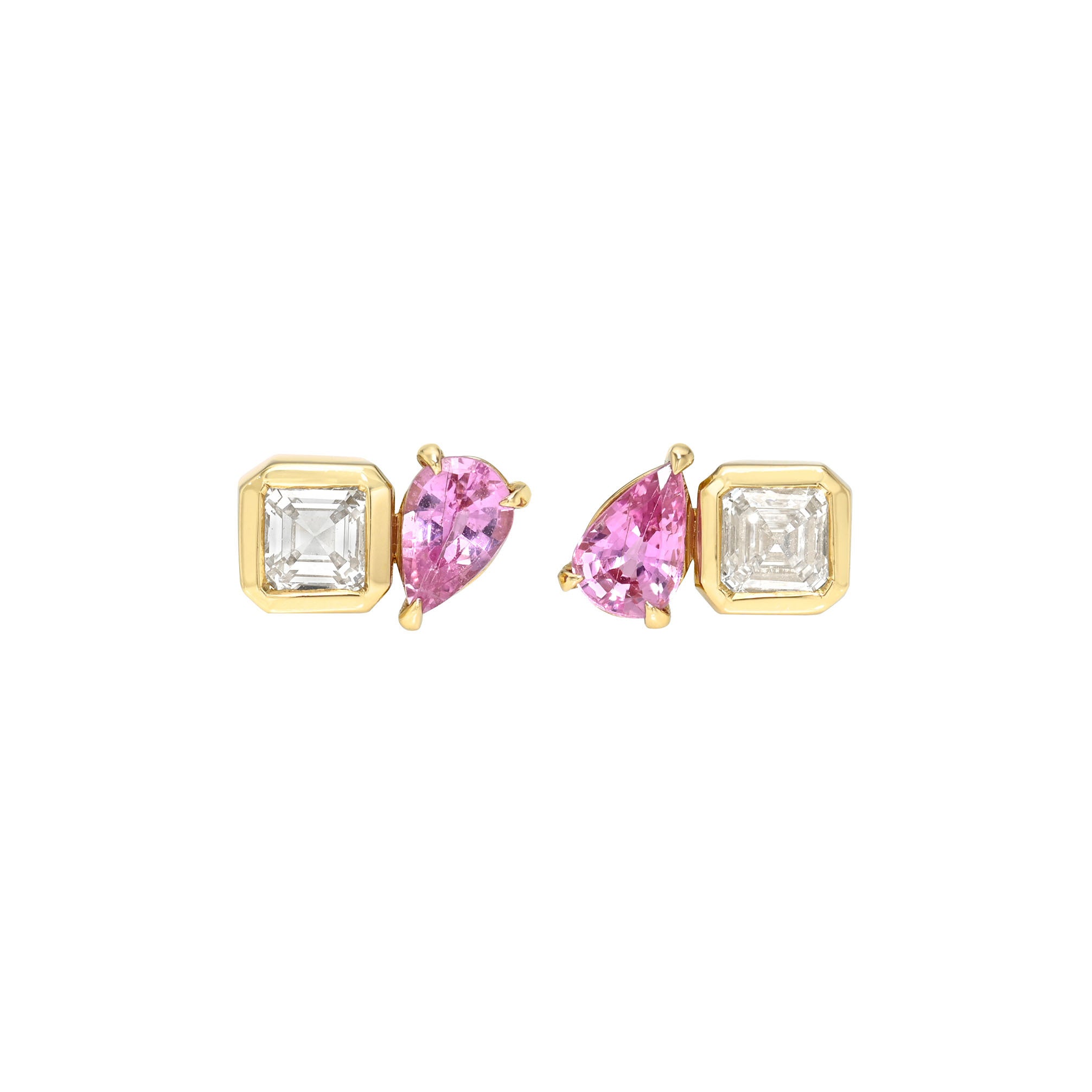 Mini Lover’s Duet Diamond & Pink Sapphire Studs Yellow Gold Pair by Logan Hollowell Jewelry