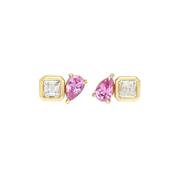 Mini Lover’s Duet Diamond & Pink Sapphire Studs Yellow Gold Pair by Logan Hollowell Jewelry