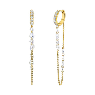 French Pave Diamond Huggies with Eau de Rose Cut Diamond Iris Chain Drops Yellow Gold Pair  by Logan Hollowell Jewelry