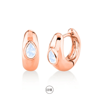 River Water Drop Moonstone Huggies Rose Gold Pair  by Logan Hollowell Jewelry