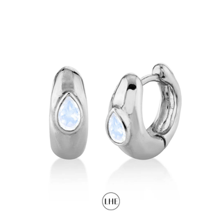 River Water Drop Moonstone Huggies White Gold Pair  by Logan Hollowell Jewelry