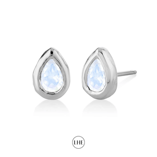 River Water Drop Moonstone Stud White Gold Pair  by Logan Hollowell Jewelry