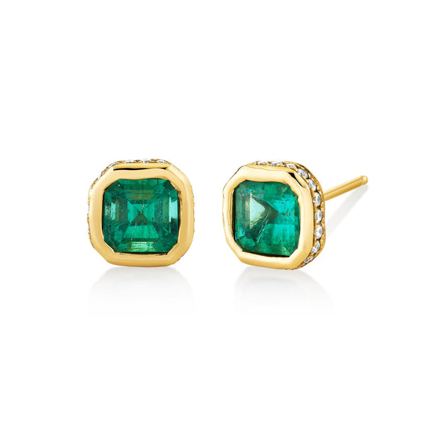 Asscher Emerald River Studs Yellow Gold by Logan Hollowell Jewelry
