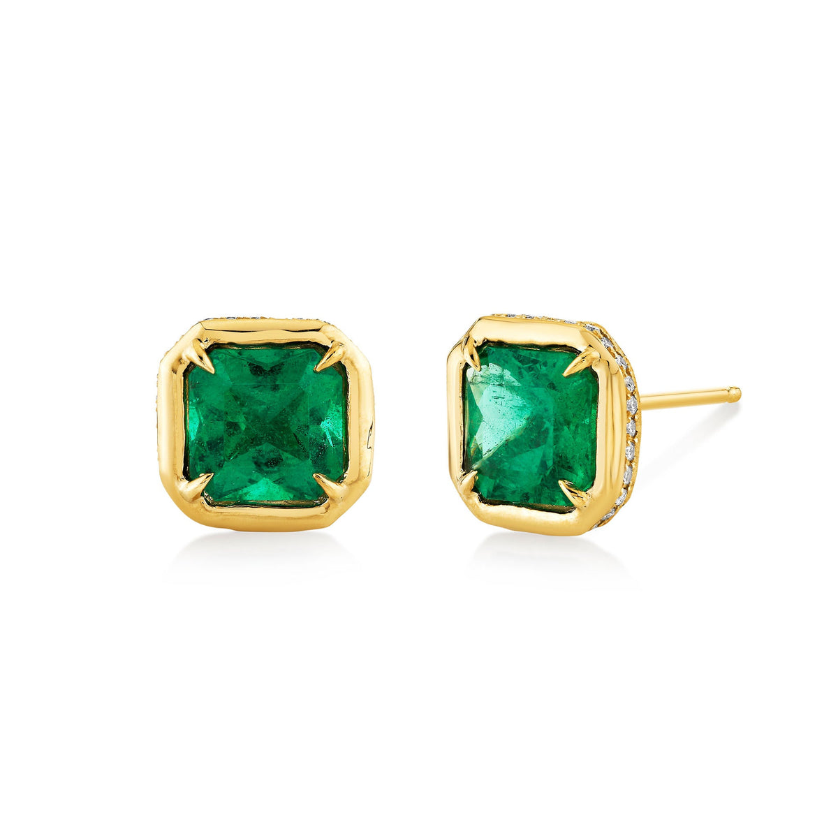 Emerald Radiant River Studs Yellow Gold by Logan Hollowell Jewelry