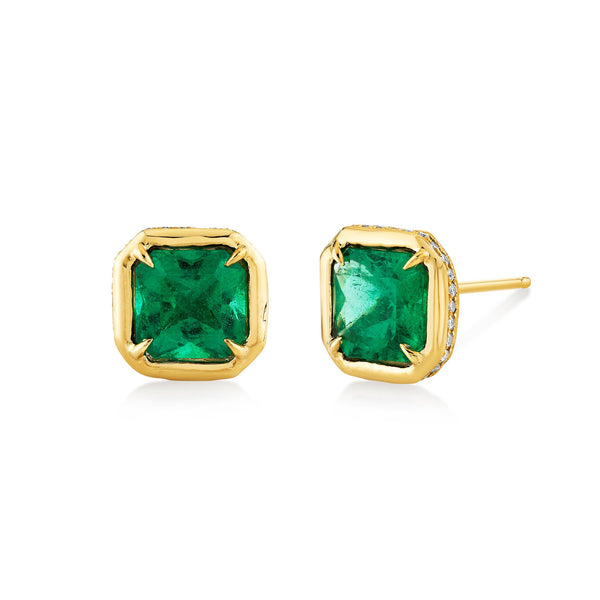 Emerald Radiant River Studs Yellow Gold by Logan Hollowell Jewelry