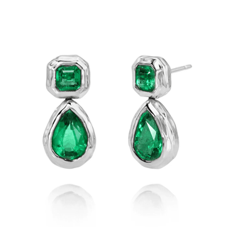 Asscher and Pear Emerald Drop River Earrings White Gold   by Logan Hollowell Jewelry