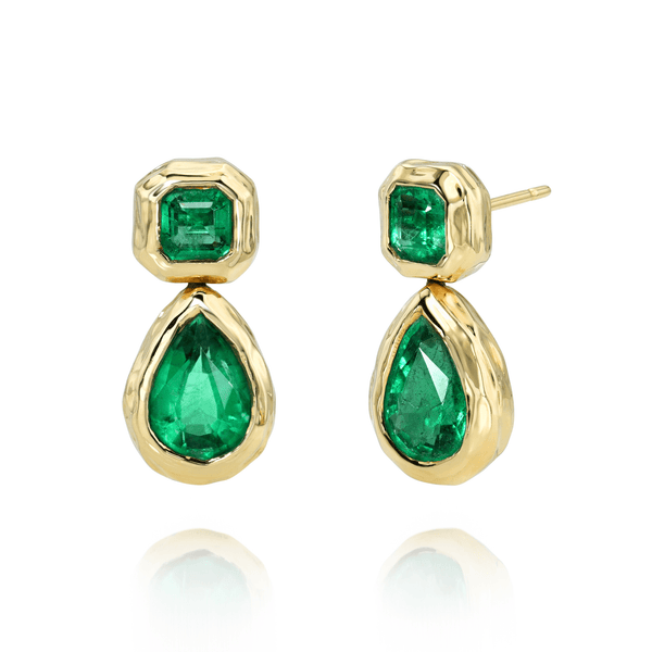 Asscher and Pear Emerald Drop River Earrings Yellow Gold   by Logan Hollowell Jewelry