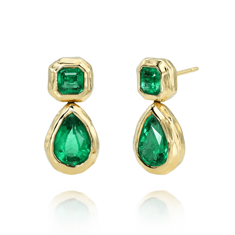 Asscher and Pear Emerald Drop River Earrings Yellow Gold   by Logan Hollowell Jewelry