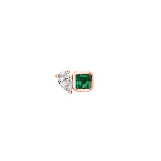 Mini Lovers Duet Emerald & Diamond Studs Rose Gold Single Right  by Logan Hollowell Jewelry