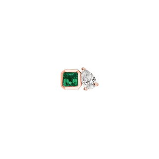 Mini Lovers Duet Emerald & Diamond Studs Rose Gold Single  by Logan Hollowell Jewelry