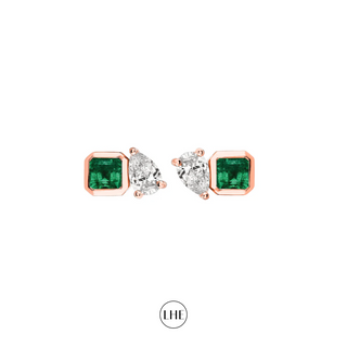 Mini Lovers Duet Emerald & Diamond Studs Rose Gold Pair  by Logan Hollowell Jewelry