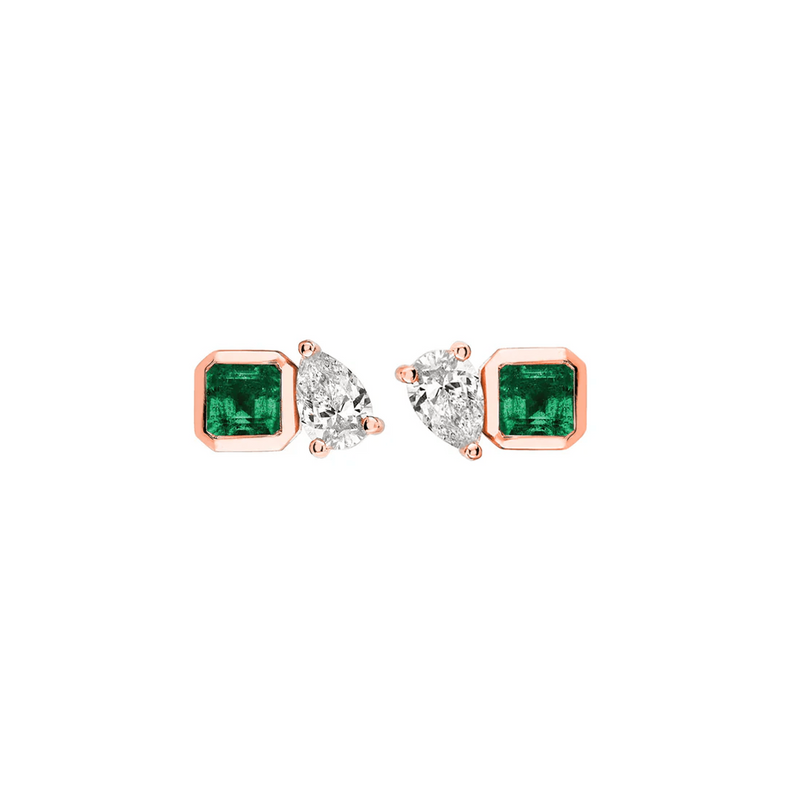 Mini Lovers Duet Emerald & Diamond Studs Rose Gold Pair  by Logan Hollowell Jewelry