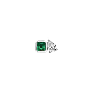 Mini Lovers Duet Emerald & Diamond Studs White Gold Single  by Logan Hollowell Jewelry