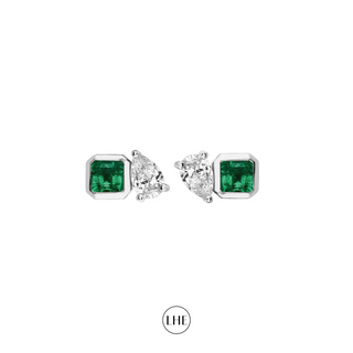 Mini Lovers Duet Emerald & Diamond Studs White Gold Pair  by Logan Hollowell Jewelry