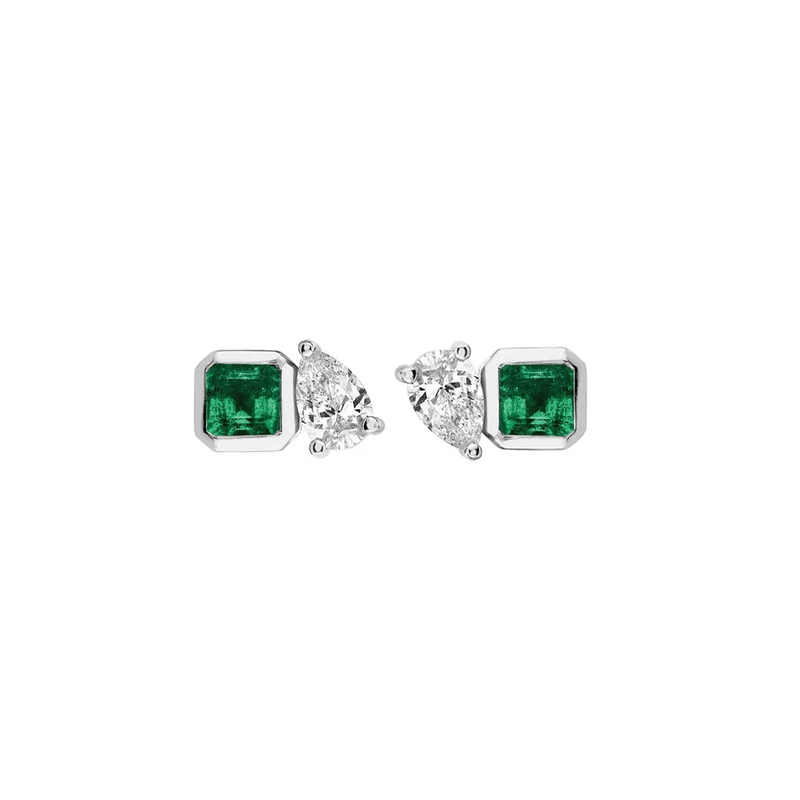 Mini Lovers Duet Emerald & Diamond Studs White Gold Pair  by Logan Hollowell Jewelry