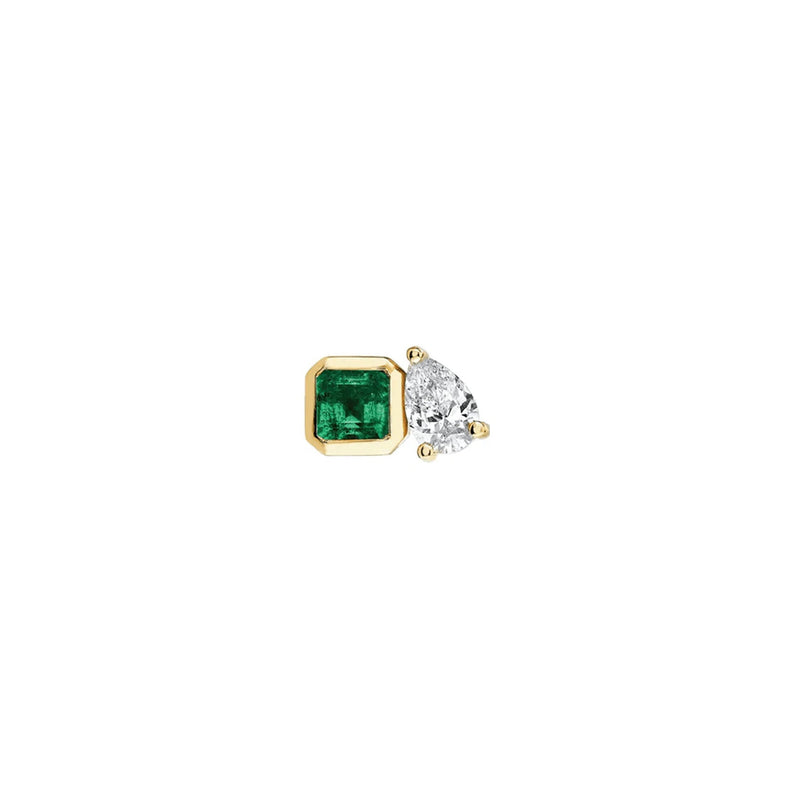 Mini Lovers Duet Emerald & Diamond Stud Yellow Gold Single by Logan Hollowell Jewelry