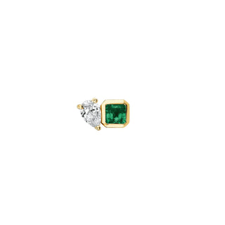 Mini Lovers Duet Emerald & Diamond Stud | Ready to Ship Yellow Gold Single Right by Logan Hollowell Jewelry