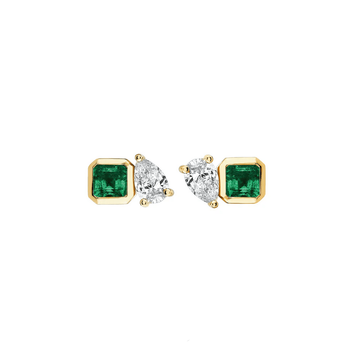 Mini Lovers Duet Emerald & Diamond Studs Yellow Gold Pair  by Logan Hollowell Jewelry