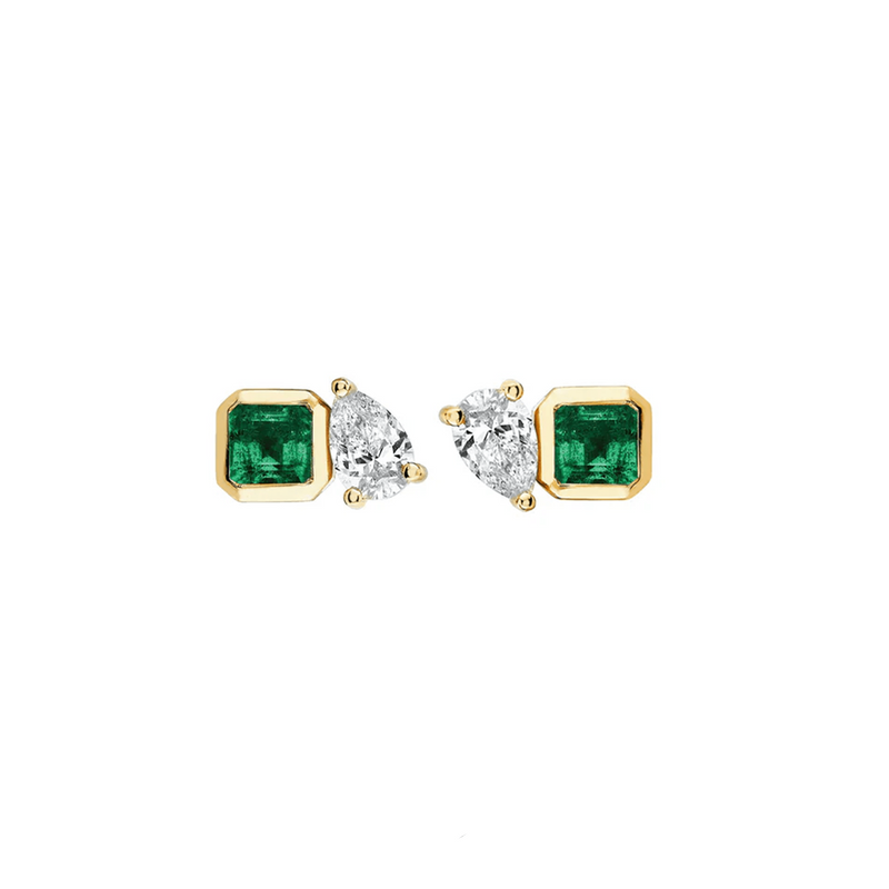 Mini Lovers Duet Emerald & Diamond Studs Yellow Gold Pair  by Logan Hollowell Jewelry