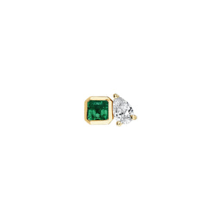 Mini Lovers Duet Emerald & Diamond Studs Yellow Gold Single  by Logan Hollowell Jewelry