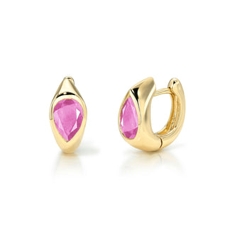 Pink Sapphire Reverse Pear Huggies Yellow Gold by Logan Hollowell Jewelry