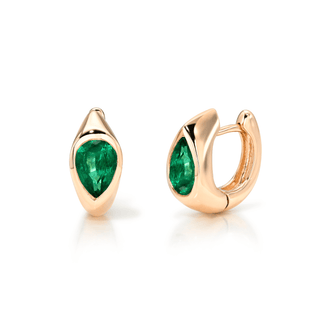 18K Emerald Reverse Pear Huggies Rose Gold by Logan Hollowell Jewelry