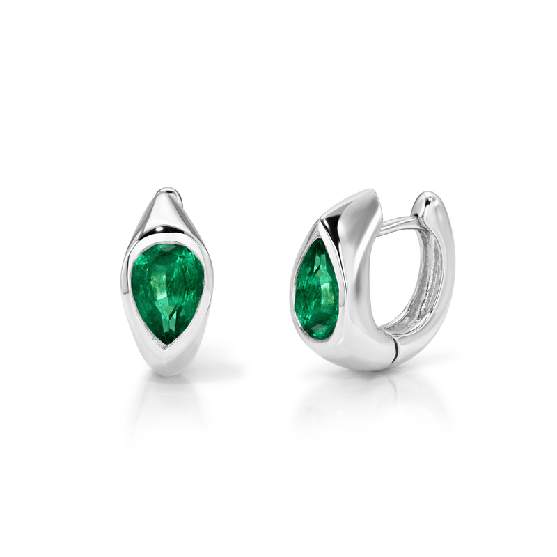 Emerald Reverse Pear Huggies White Gold by Logan Hollowell Jewelry