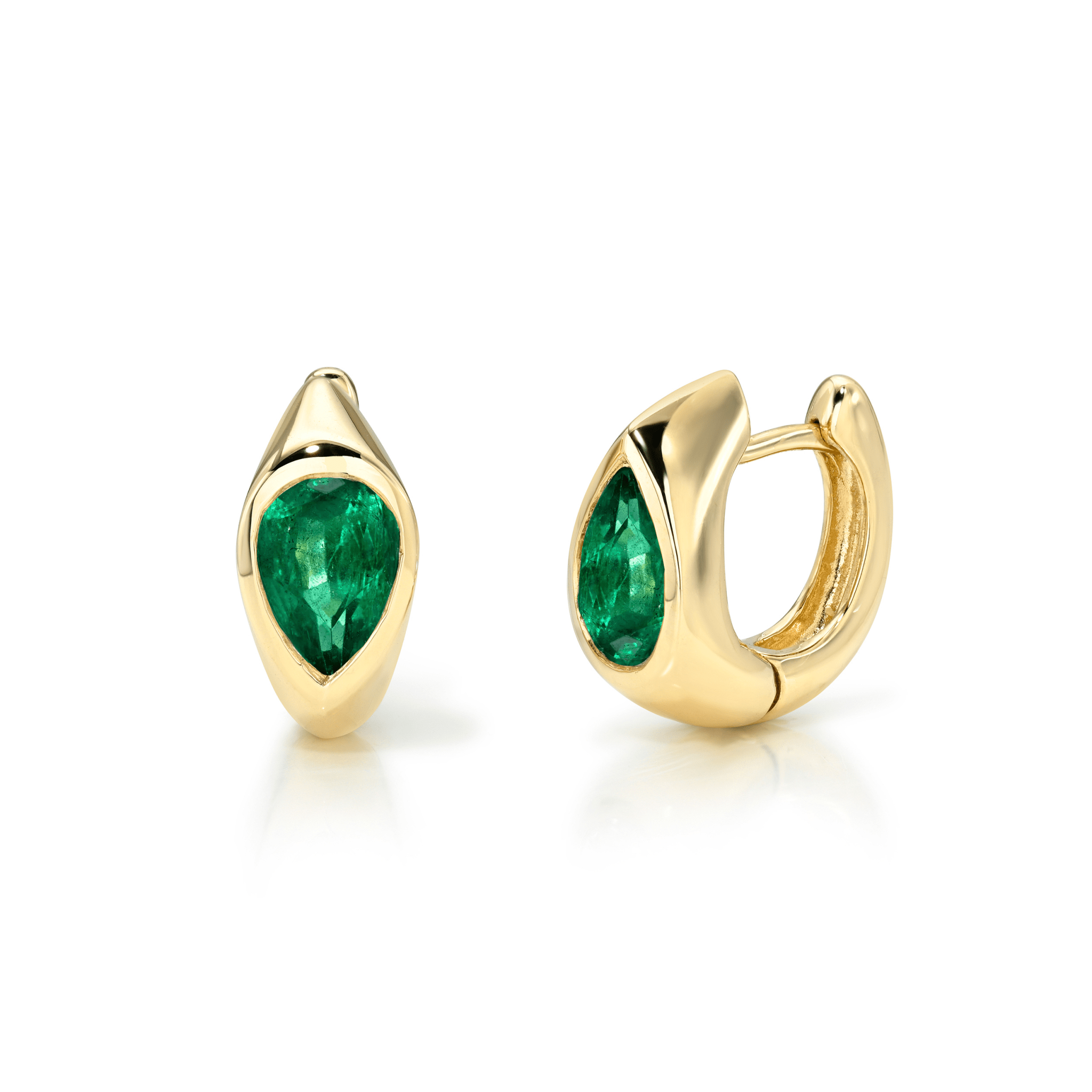 Emerald Reverse Pear Huggie Yellow Gold by Logan Hollowell Jewelry