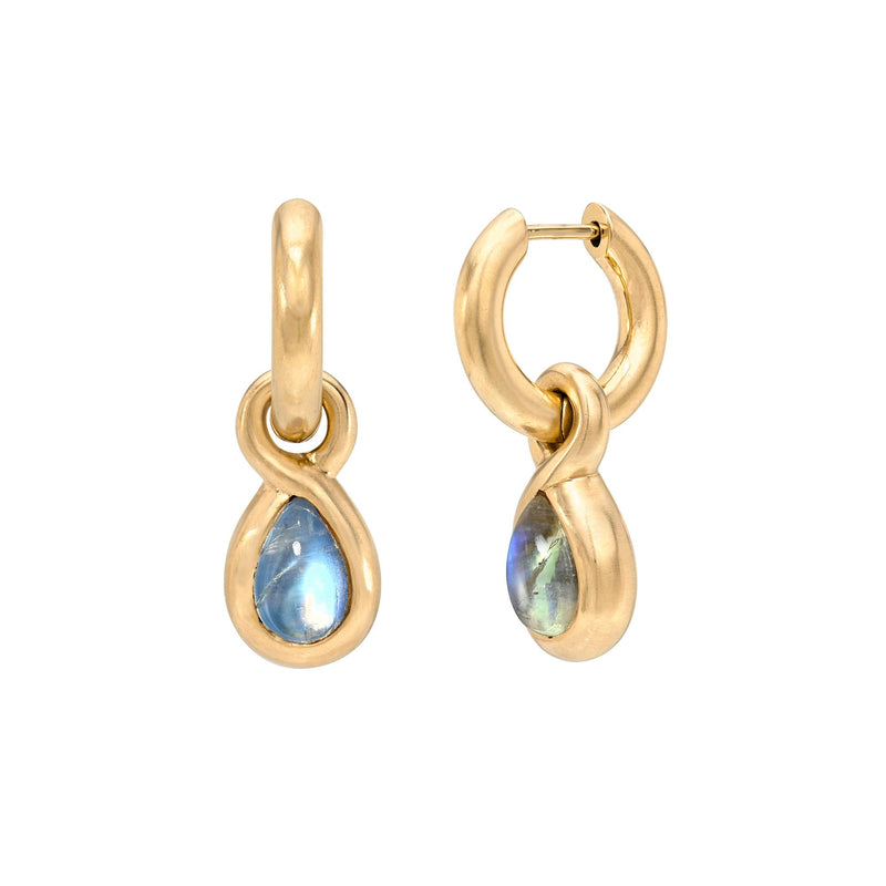 Enigma Blue Sheen Moonstone Water Drop Earrings Rose Gold by Logan Hollowell Jewelry
