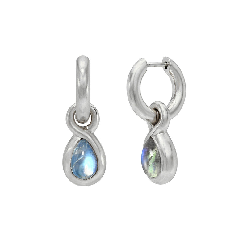 Enigma Blue Sheen Moonstone Water Drop Earrings White Gold by Logan Hollowell Jewelry
