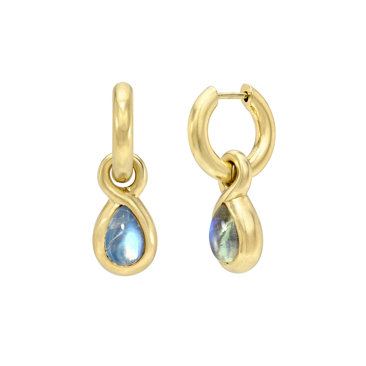 Enigma Blue Sheen Moonstone Water Drop Earrings Yellow Gold by Logan Hollowell Jewelry
