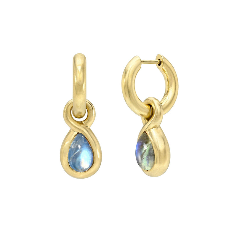 Enigma Blue Sheen Moonstone Water Drop Earrings Yellow Gold by Logan Hollowell Jewelry