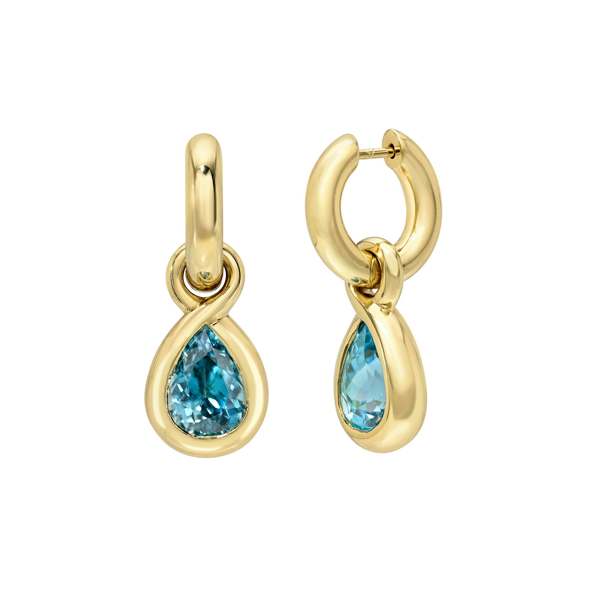Enigma Blue Zircon Water Drop Earrings Yellow Gold by Logan Hollowell Jewelry
