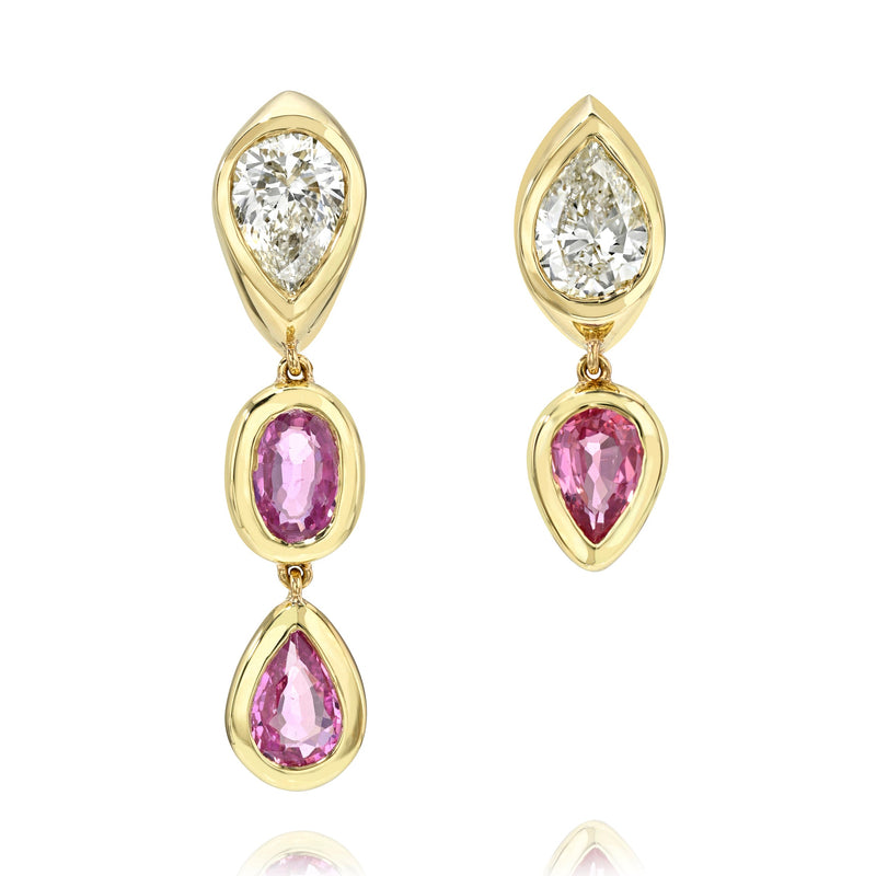Stuggie Drop Earrings with Pink Sapphire and Diamond Yellow Gold by Logan Hollowell Jewelry