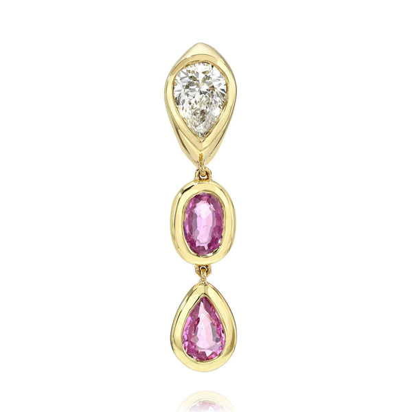 Single Stuggie with Double Drop Pink Sapphires Yellow Gold by Logan Hollowell Jewelry