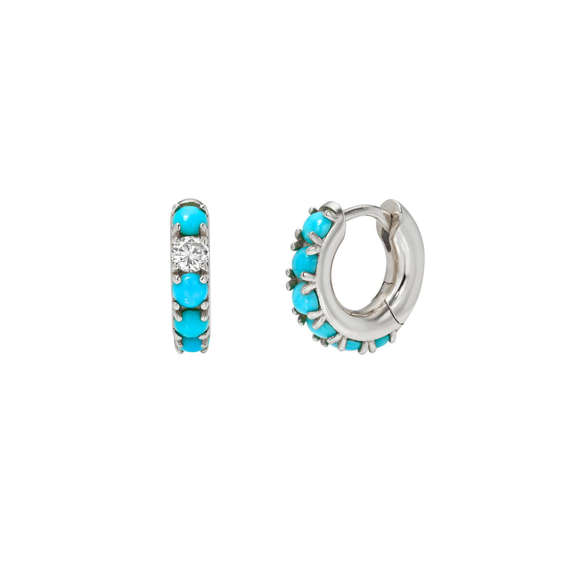 Petite Turquoise Hoops with One Diamond White Gold Pair by Logan Hollowell Jewelry