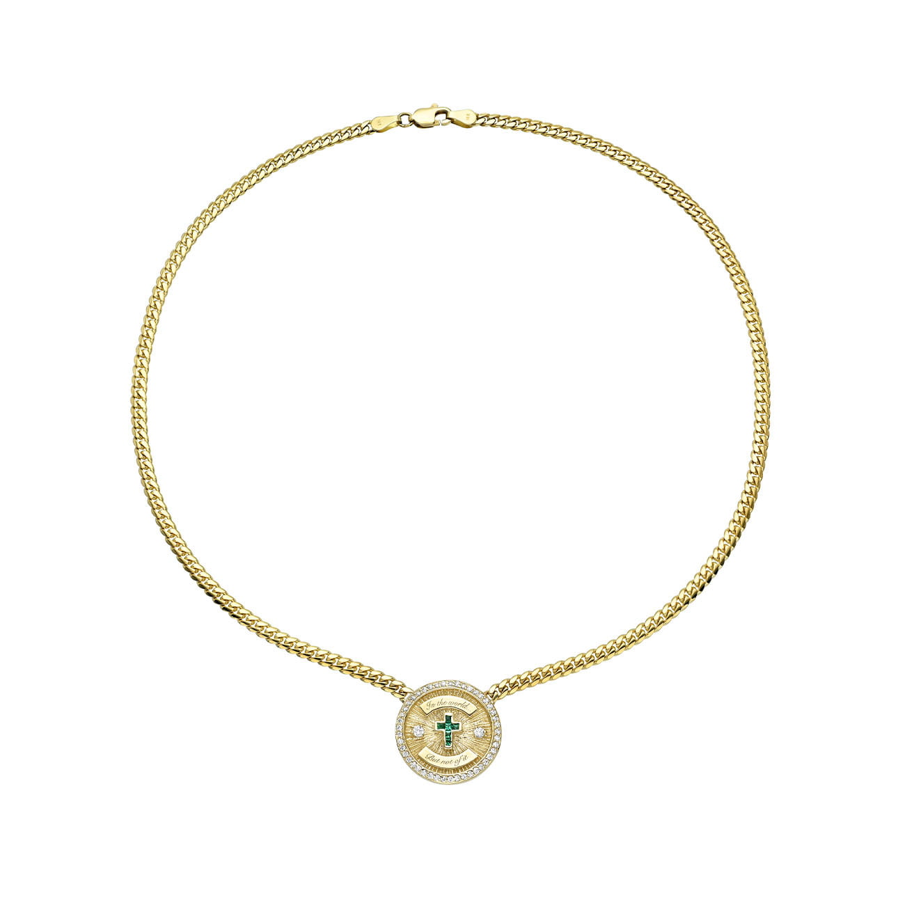 Pavé Emerald Cross Coin Necklace Yellow Gold by Logan Hollowell Jewelry