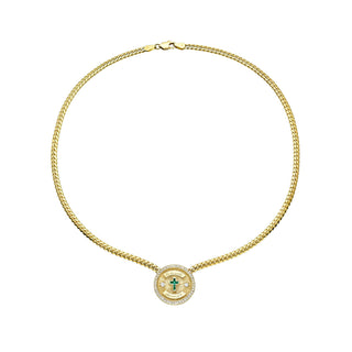 Pavé Emerald Cross Coin Necklace Yellow Gold by Logan Hollowell Jewelry