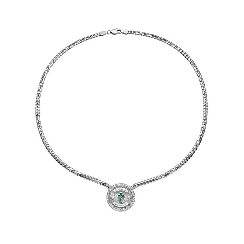 Pavé Emerald Cross Coin Necklace White Gold by Logan Hollowell Jewelry