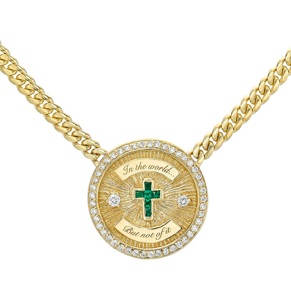 Pavé Emerald Cross Coin Necklace by Logan Hollowell Jewelry