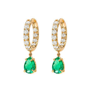 French Set Diamond Hoops with Water Drop Emeralds Rose Gold by Logan Hollowell Jewelry