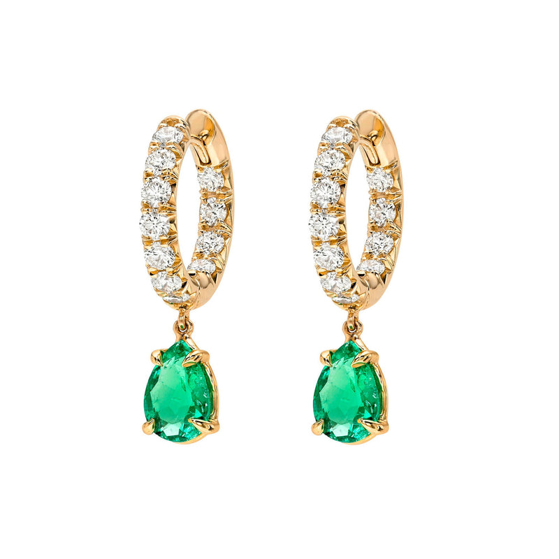 French Set Diamond Hoops with Water Drop Colombian Emeralds Rose Gold by Logan Hollowell Jewelry