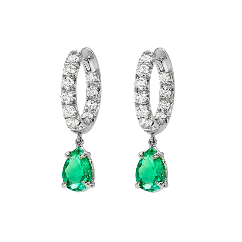 French Set Diamond Hoops with Water Drop Colombian Emeralds White Gold by Logan Hollowell Jewelry