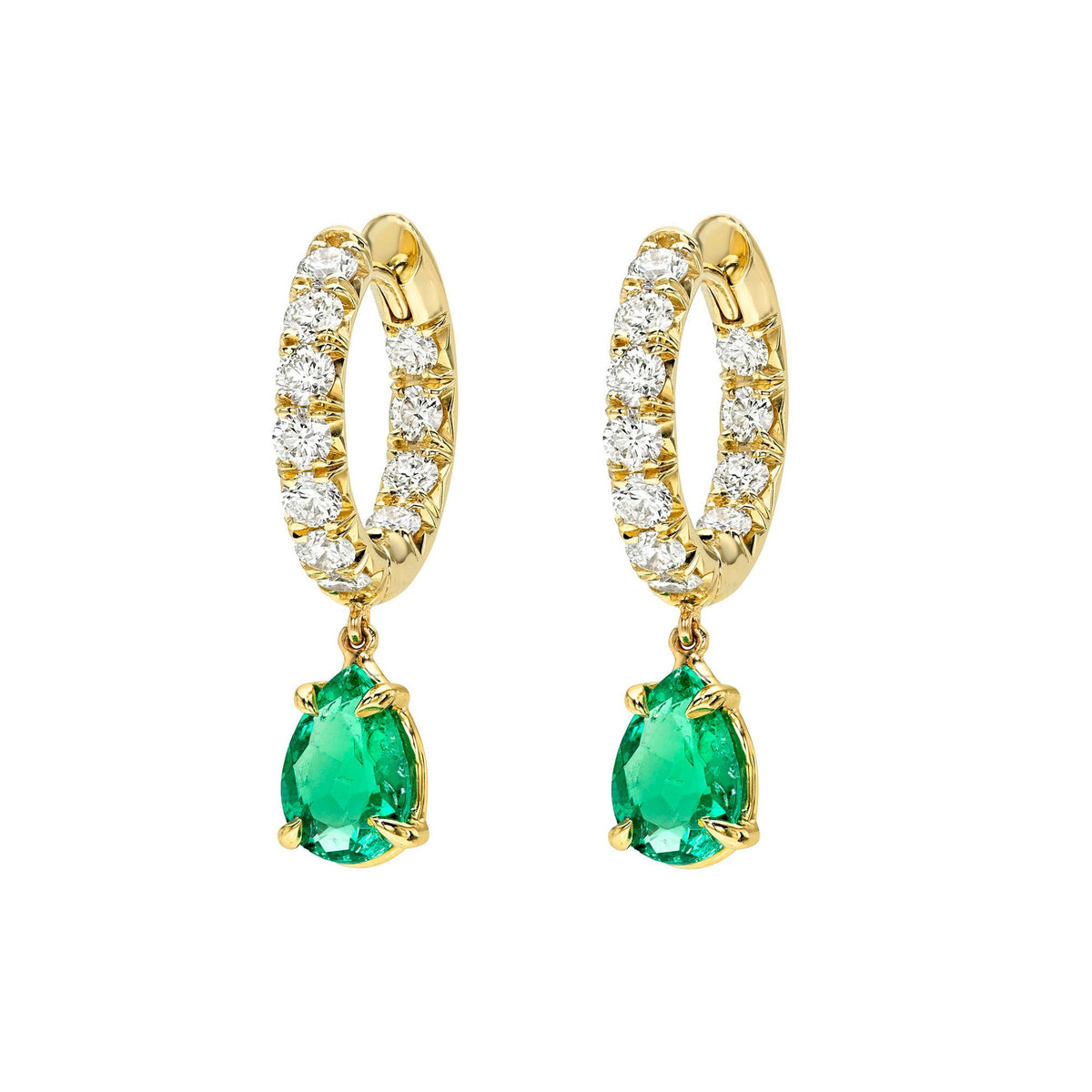 French Set Diamond Hoops with Water Drop Colombian Emeralds Yellow Gold by Logan Hollowell Jewelry