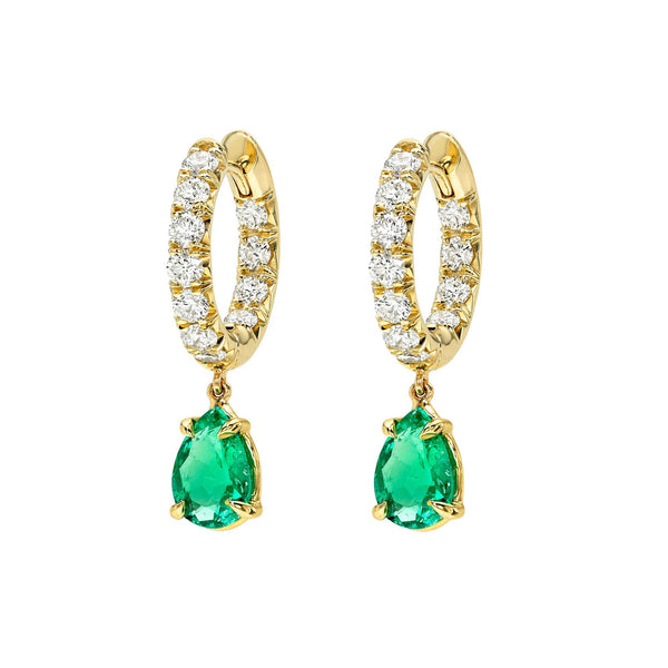 French Set Diamond Hoops with Water Drop Colombian Emeralds Yellow Gold by Logan Hollowell Jewelry